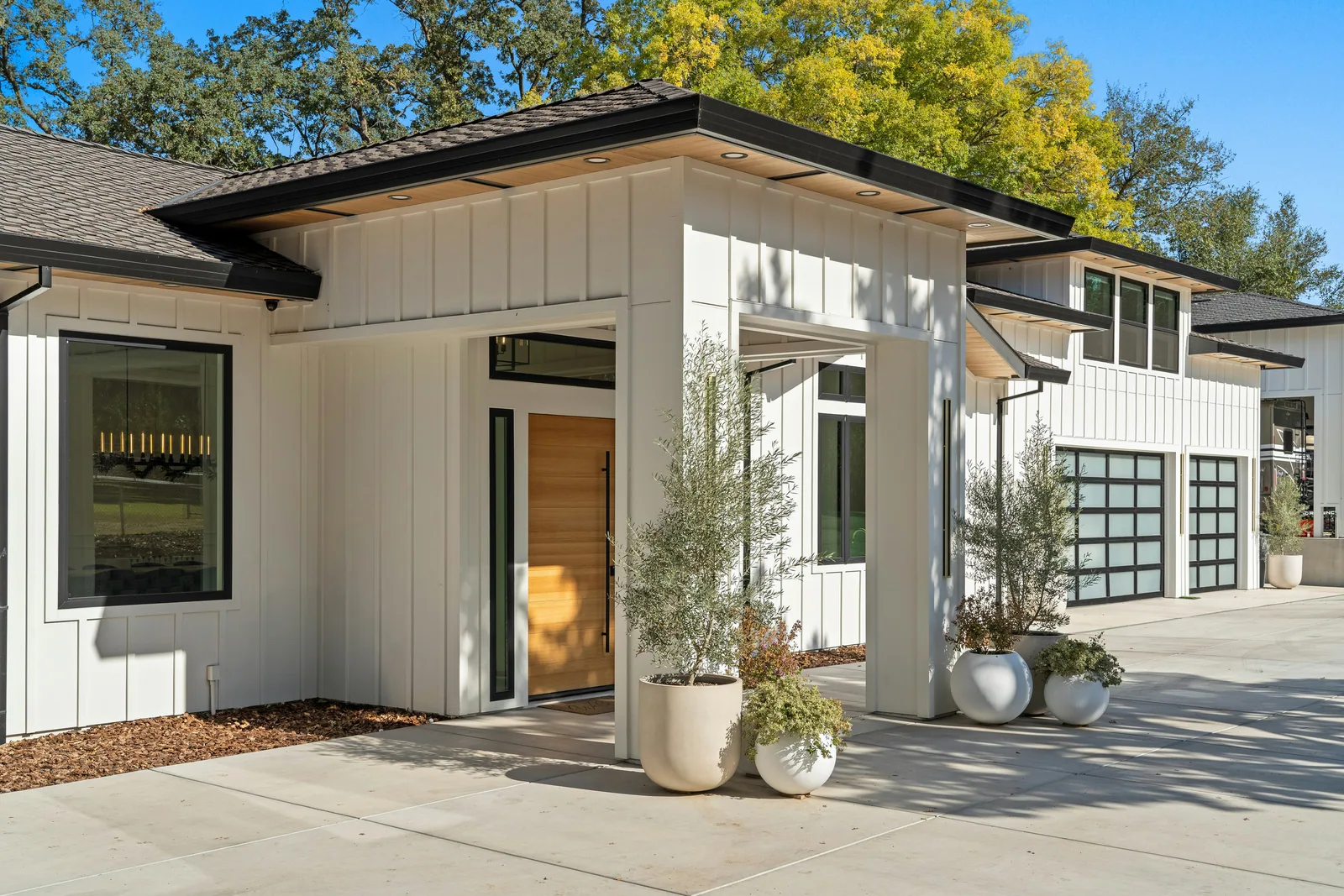 Modern white house with glass garage doors and plants