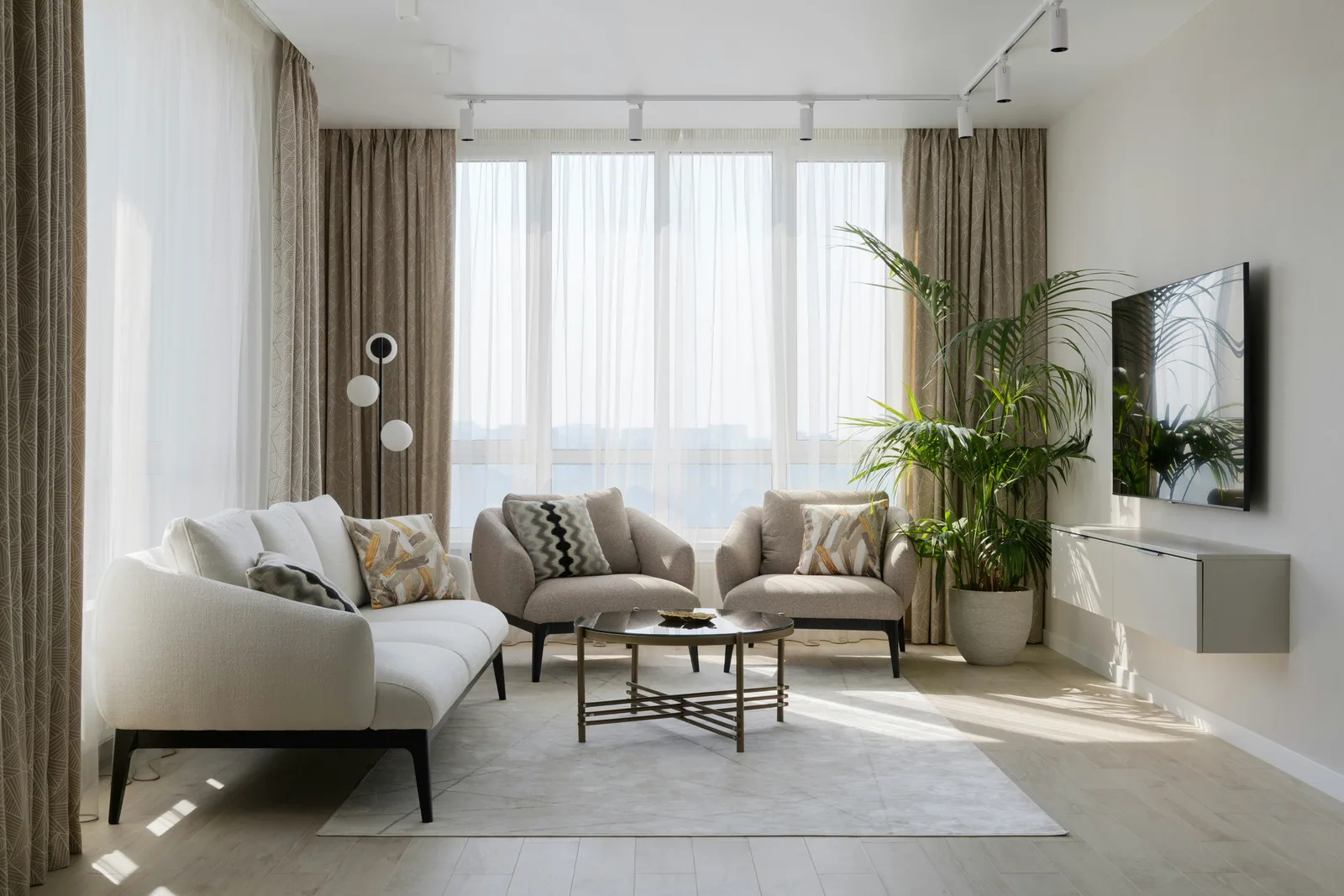 A living room with a large window