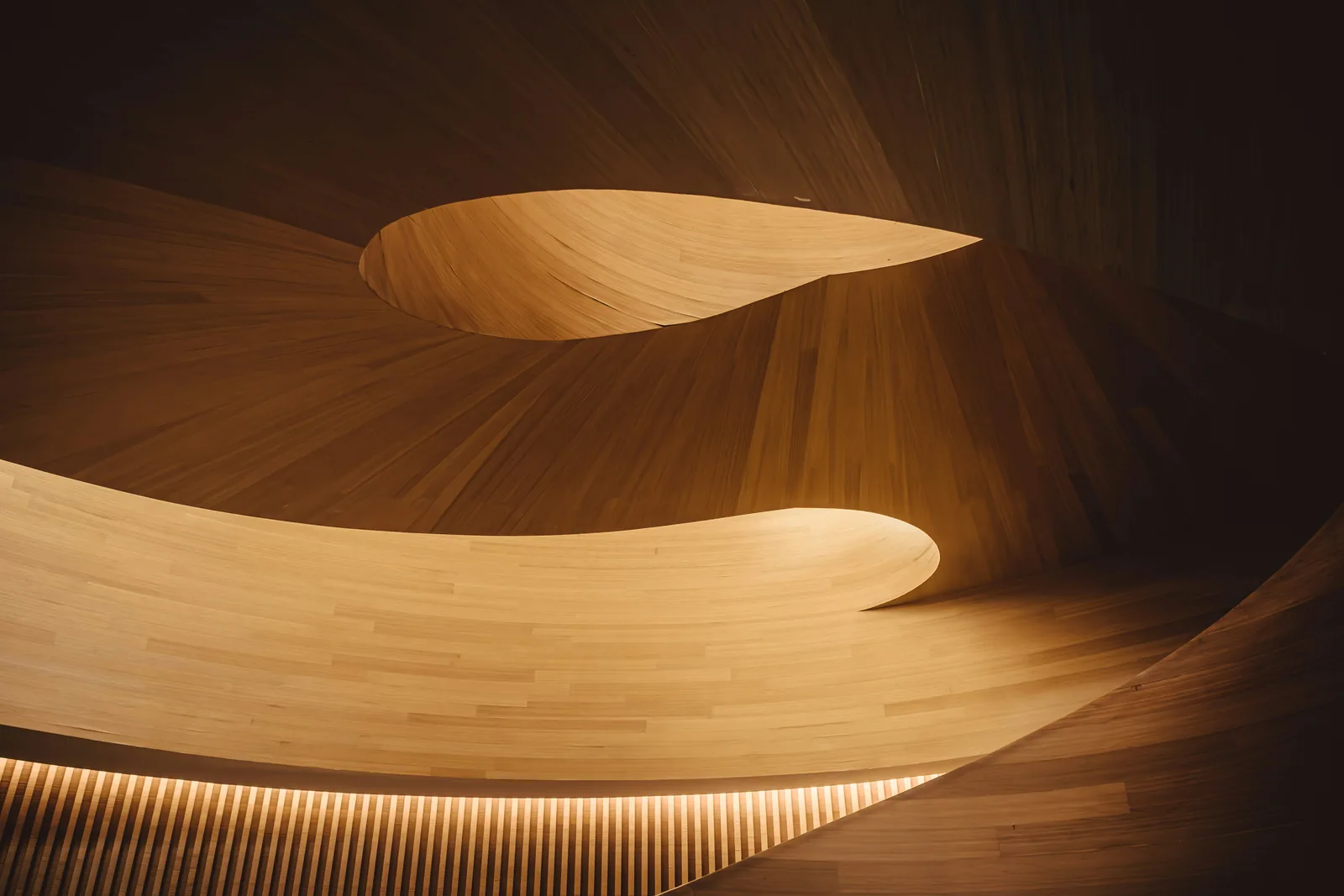 A curved timber ceiling lit warm from below