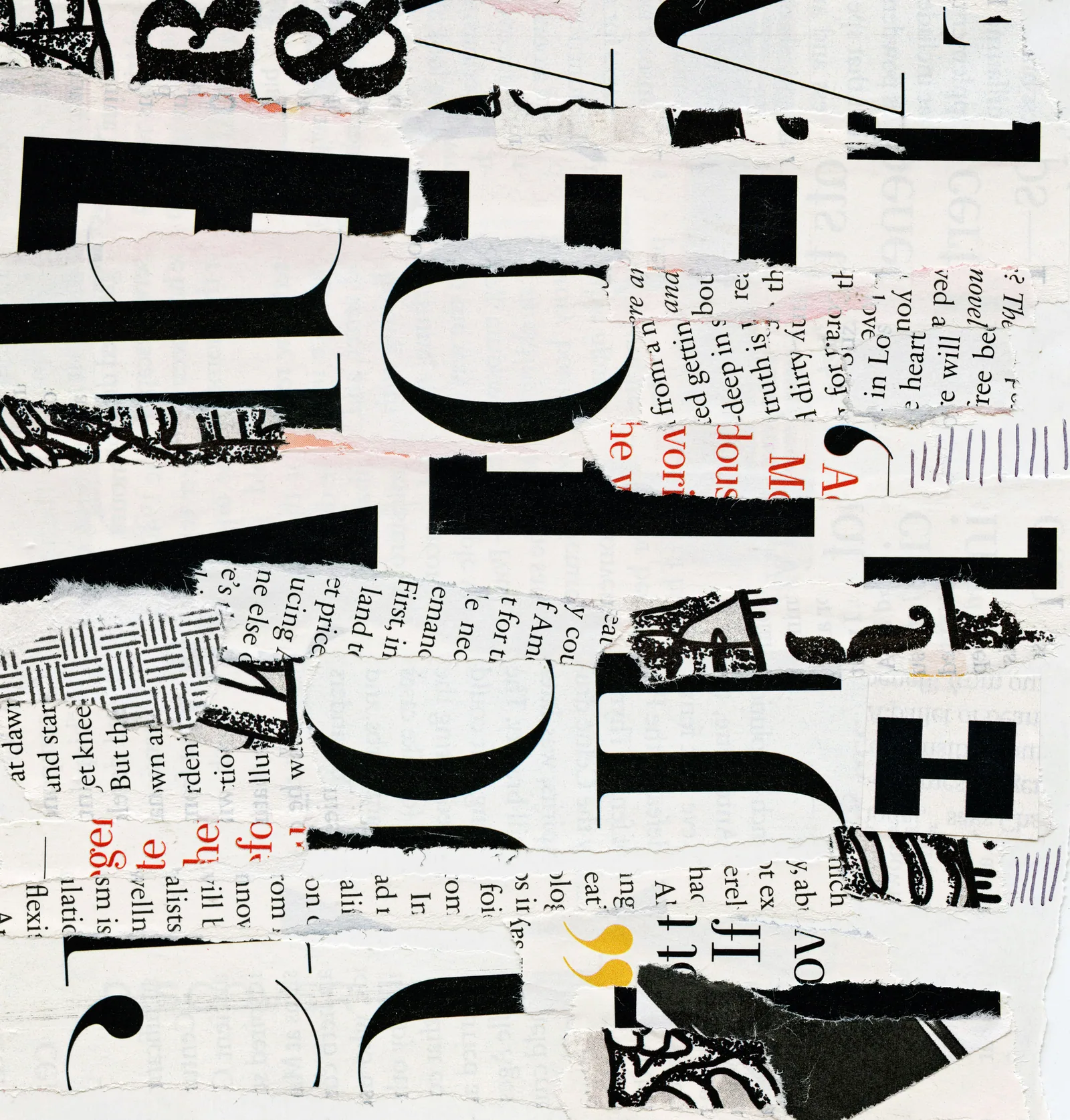 A black and white collage of torn letters and numbers