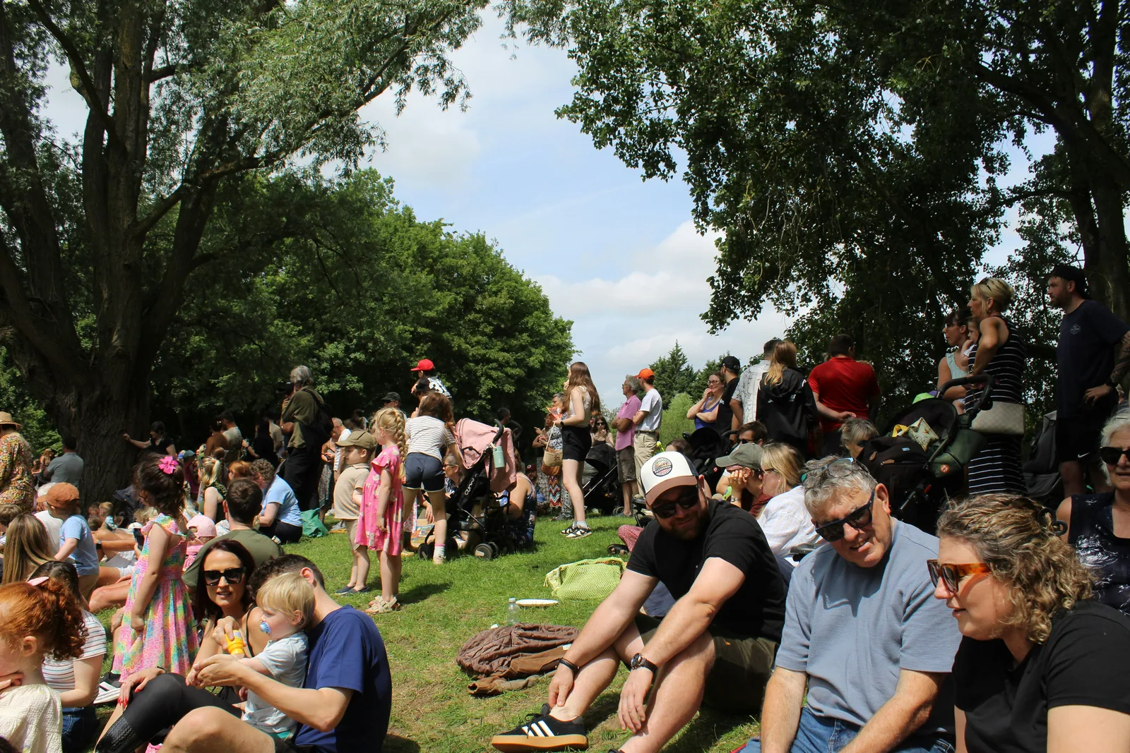 A large group relaxing together on a green hill