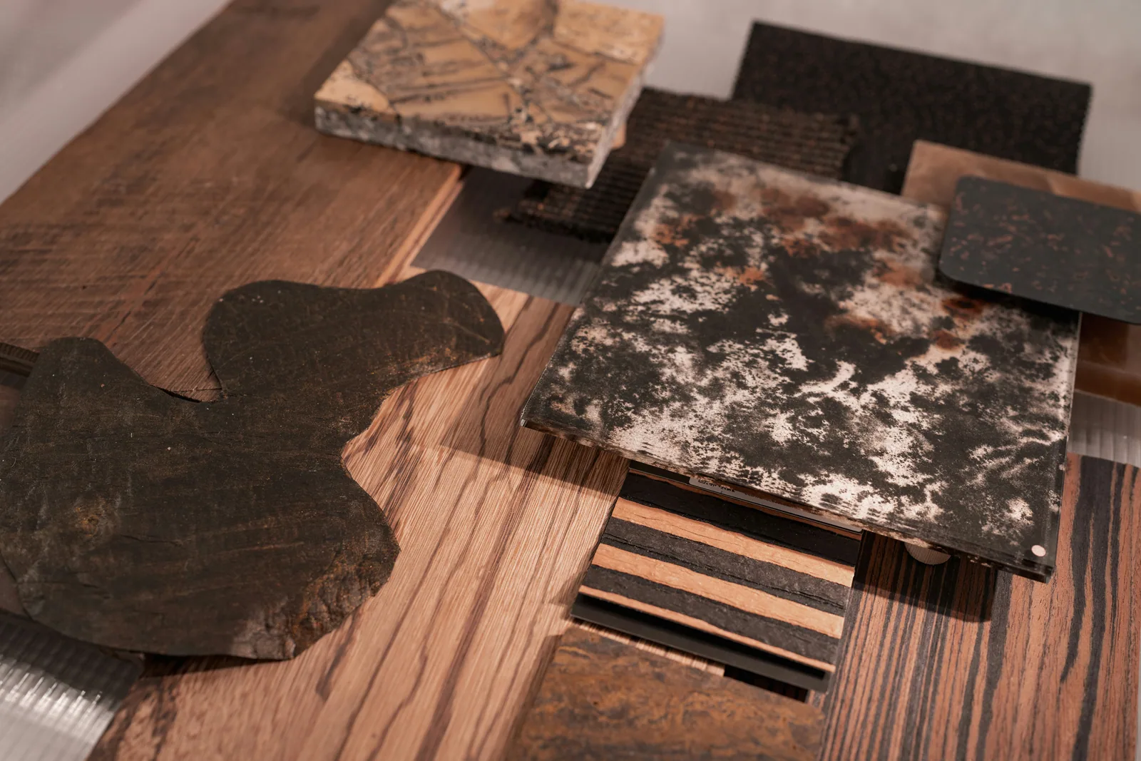 Wood and stone samples laid out together