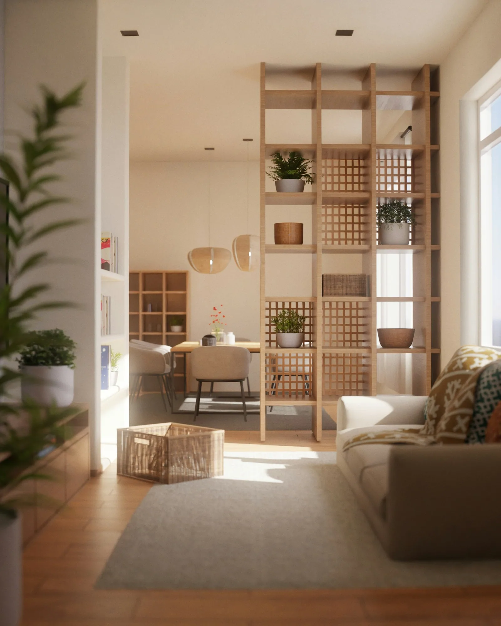 A warm living room behind a timber shelving screen