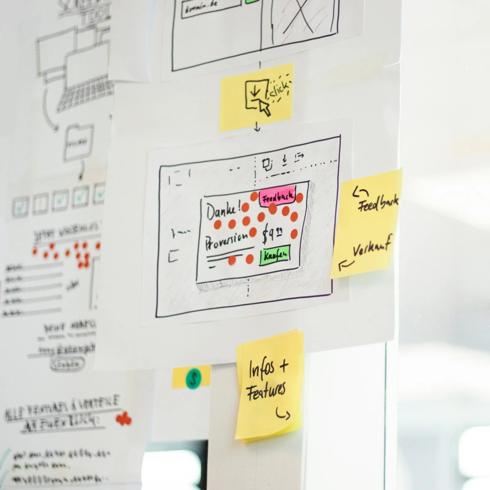 Wireframes and sticky notes on a glass wall